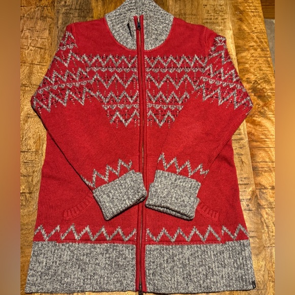 Eddie Bauer Sweaters - XS Eddie Bauer Red w/ Design Full Double Zipper Mock Neck Sweater w/ Pockets